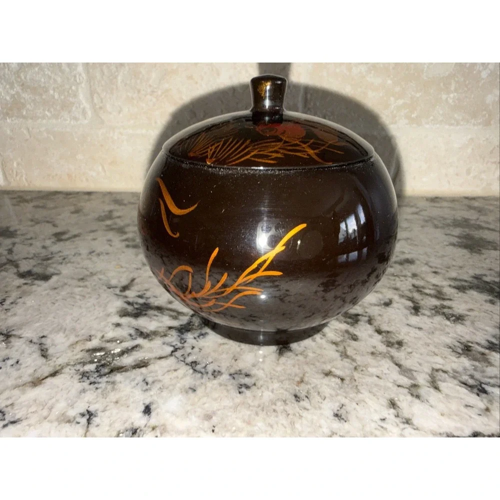 Vtg Asian lacquerware trinket box, hand-painted goldfish in gold,orange on black
